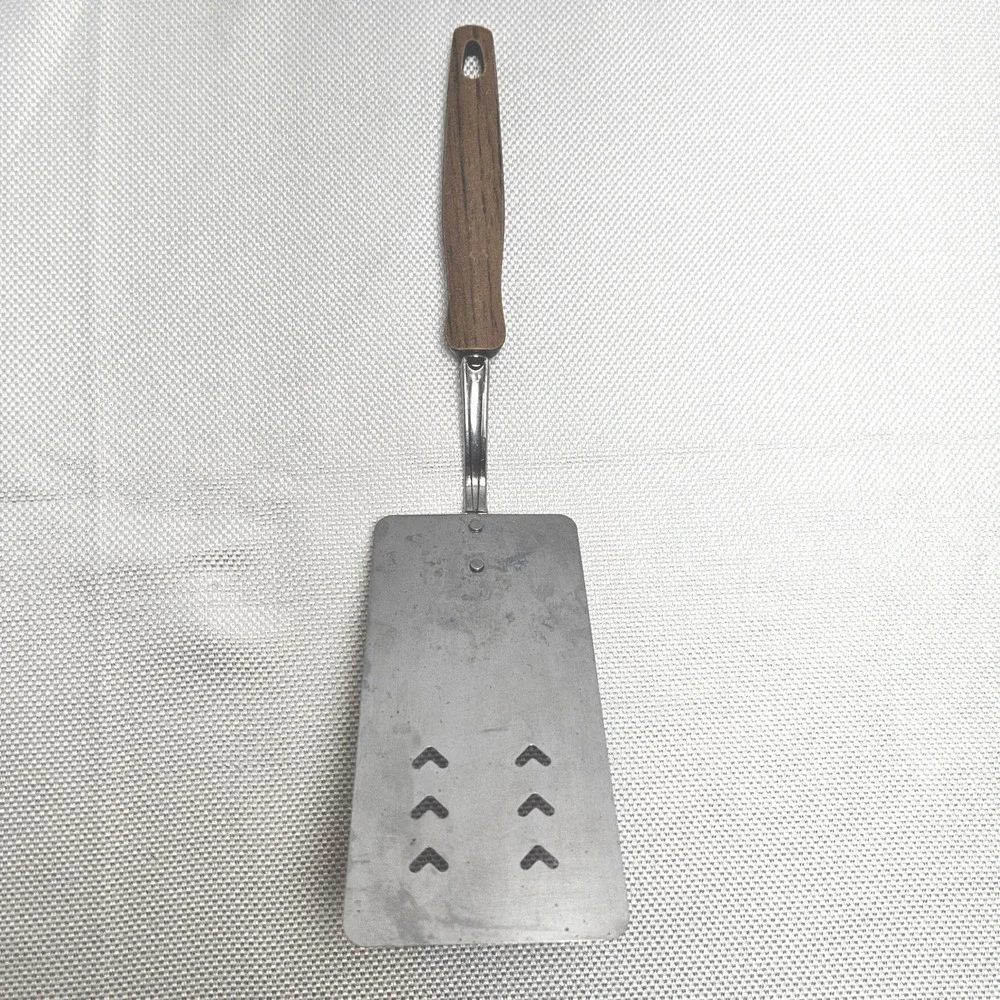 Vintage EKCO Stainless Steel Spatula Black Handle Chevron Slotted Made in USA
